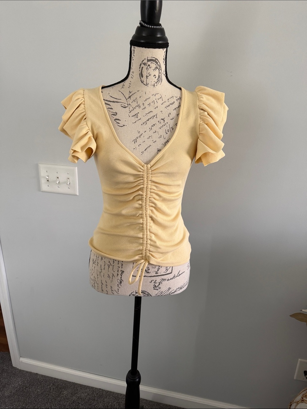 Express Yellow Ruched V-Neck Top with Ruffle Sleeves